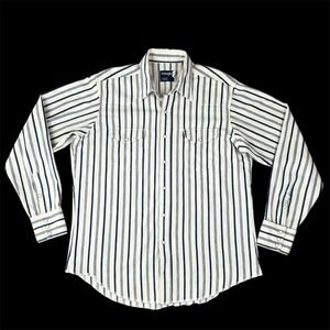 Vtg Wrangler Brushpopper Shirt Mens Sz 17 x 36 Snap Blue‎ White Pinstripe Rodeo